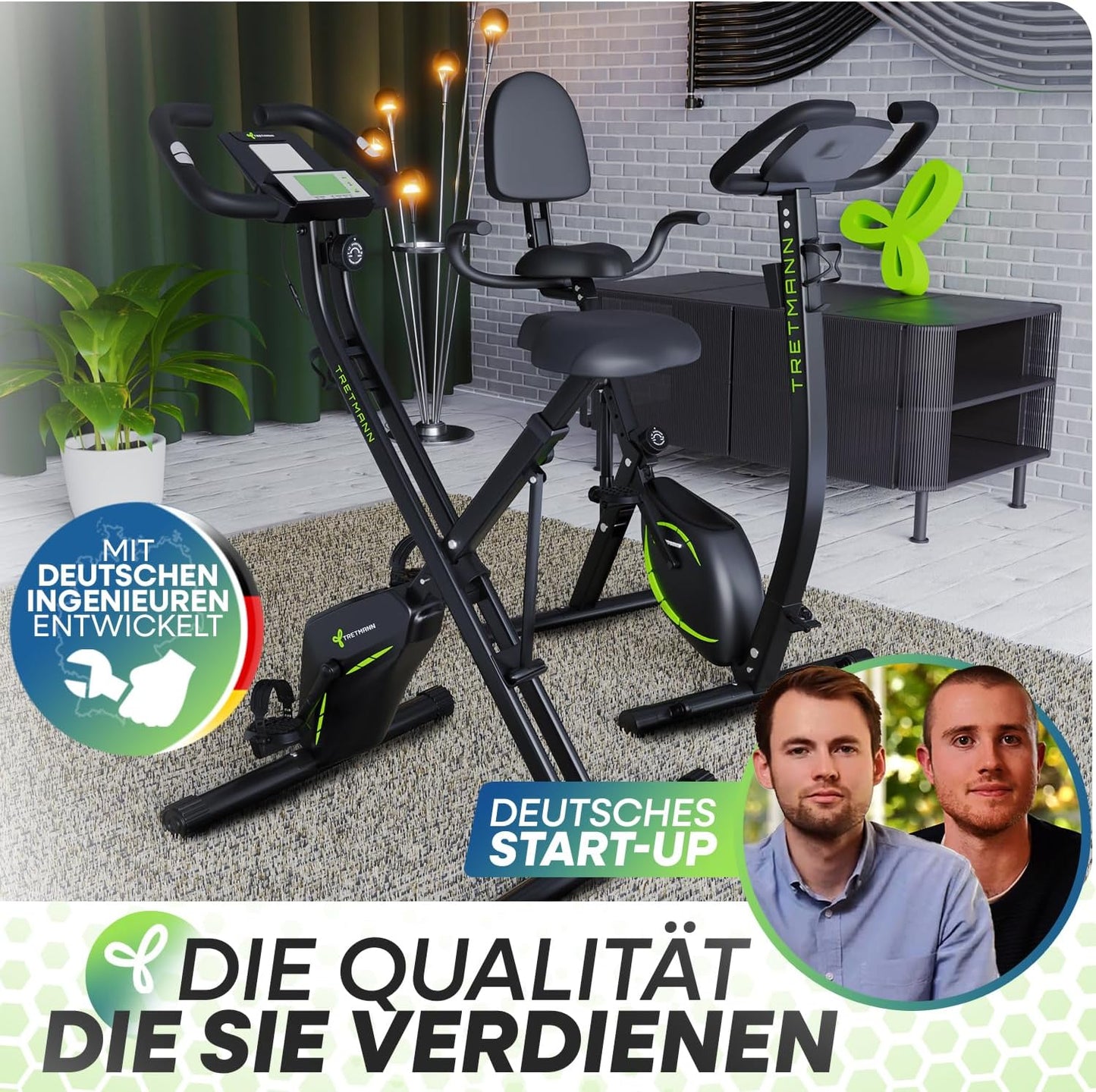 TRETMANN Exercise Bike Foldable 16 Speeds – Magnetbremse, Pulssensor, 150kg, DEKRA, Matt Stahl