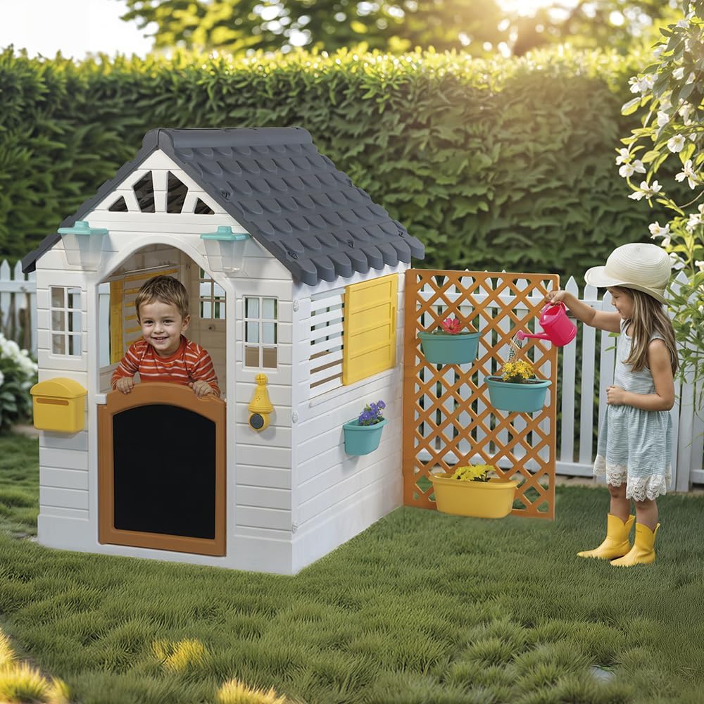 Dolu Garden Playhouse with Fence - White & Grey