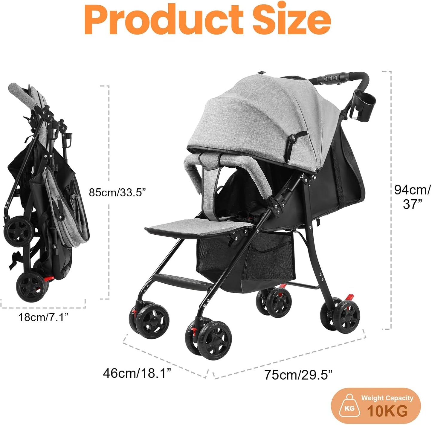 Compact One-Hand Fold Baby Stroller – Grey