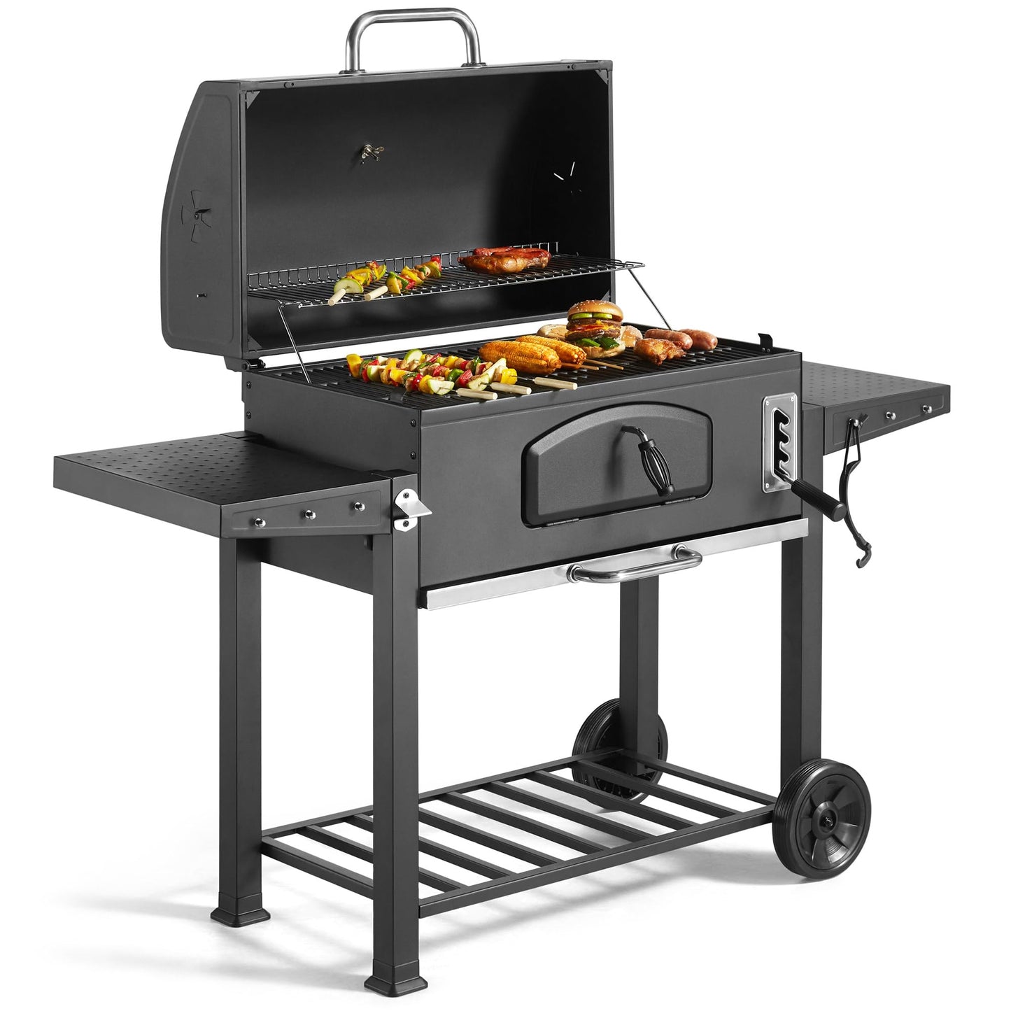 VonHaus Charcoal BBQ – Portable Barbecue with Warming Rack, Fold Down Shelves, Temperature Gauge, Wheels, Large Cooking Grill, Air Vents – 2 in 1 Barbeque and Smoker – Grill Meat, Fish & Vegetables