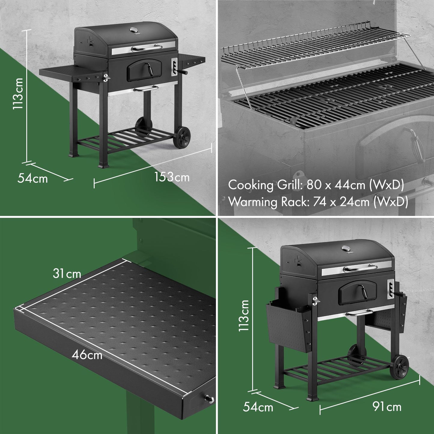 VonHaus Charcoal BBQ – Portable Barbecue with Warming Rack, Fold Down Shelves, Temperature Gauge, Wheels, Large Cooking Grill, Air Vents – 2 in 1 Barbeque and Smoker – Grill Meat, Fish & Vegetables