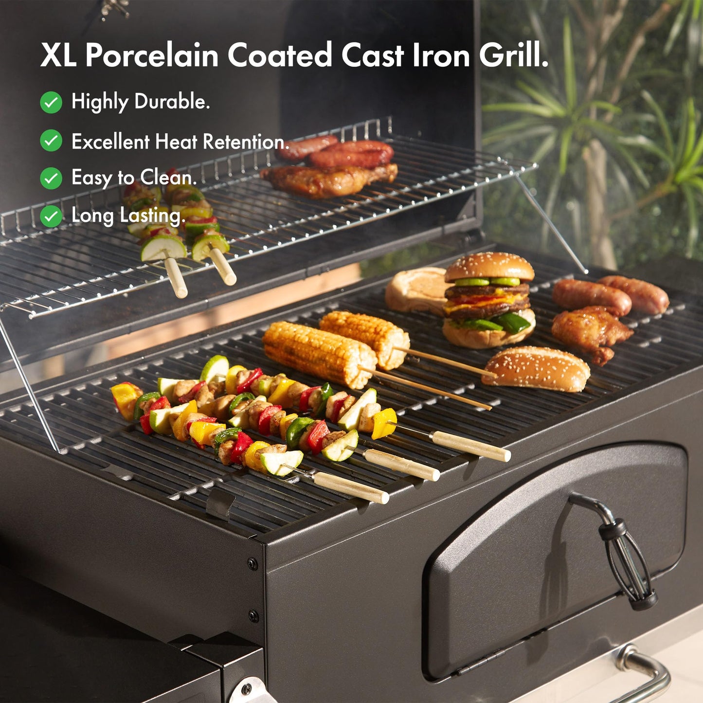 VonHaus Charcoal BBQ – Portable Barbecue with Warming Rack, Fold Down Shelves, Temperature Gauge, Wheels, Large Cooking Grill, Air Vents – 2 in 1 Barbeque and Smoker – Grill Meat, Fish & Vegetables