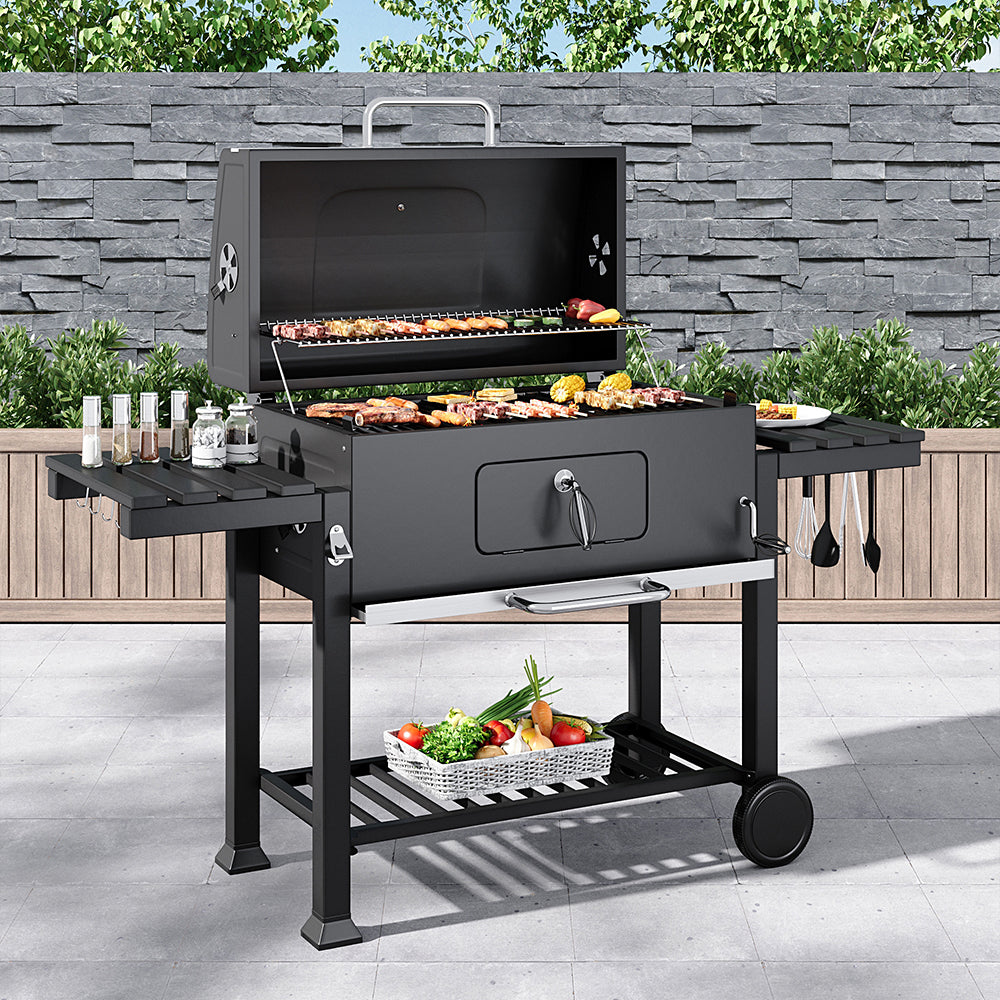 33x43 inch Barrel Charcoal Outdoor BBQ Grill with Side Shelves