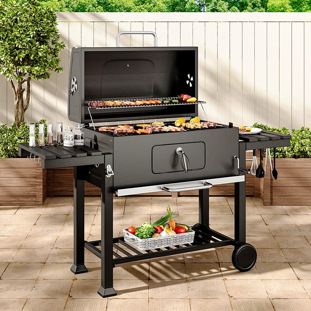 33x43 inch Barrel Charcoal Outdoor BBQ Grill with Side Shelves